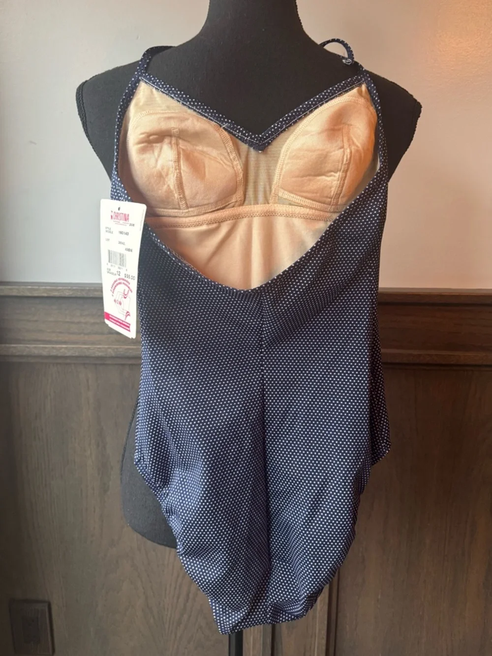 Christina Navy and White Dot Halter One-Piece Deadstock NWT 12 - Picture 2 of 5